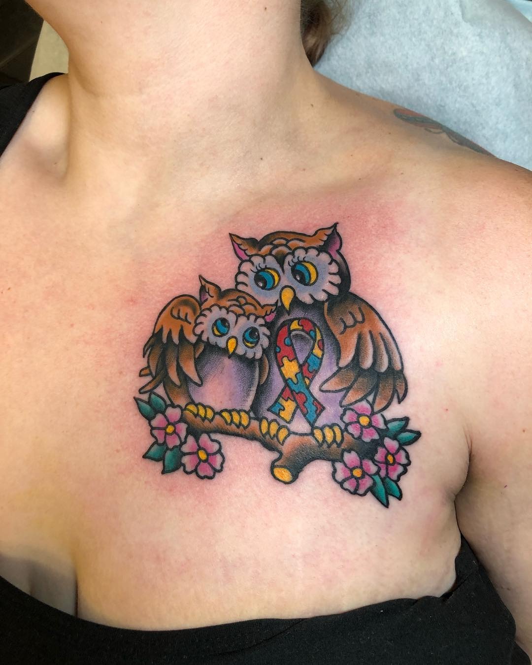 Whimsical owls highlighting autism awareness ribbon Tattoo Design