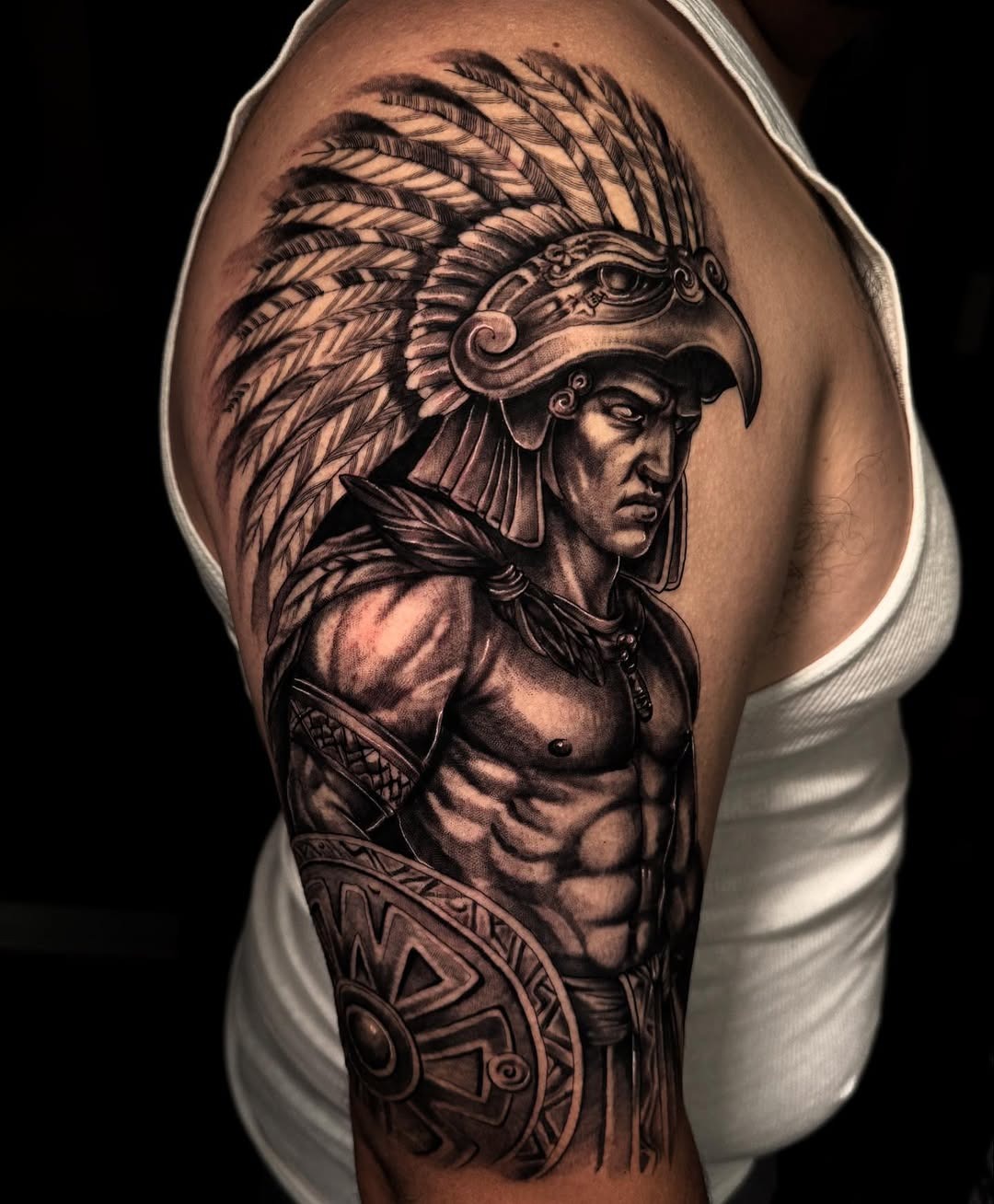 Intense warrior tattoo with Aztec elements Tattoo Design
