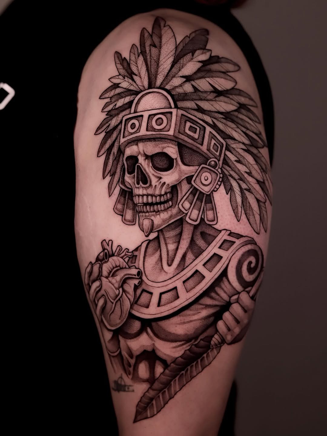 Intricate Aztec Skeleton Tattoo with Feathered Headdress Tattoo Design