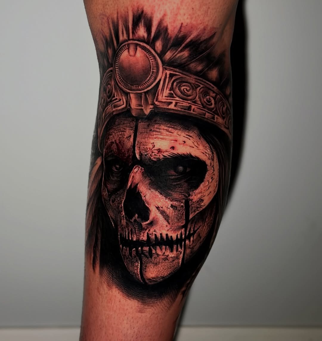 Intricate Aztec skull tattoo with headdress design Tattoo Design