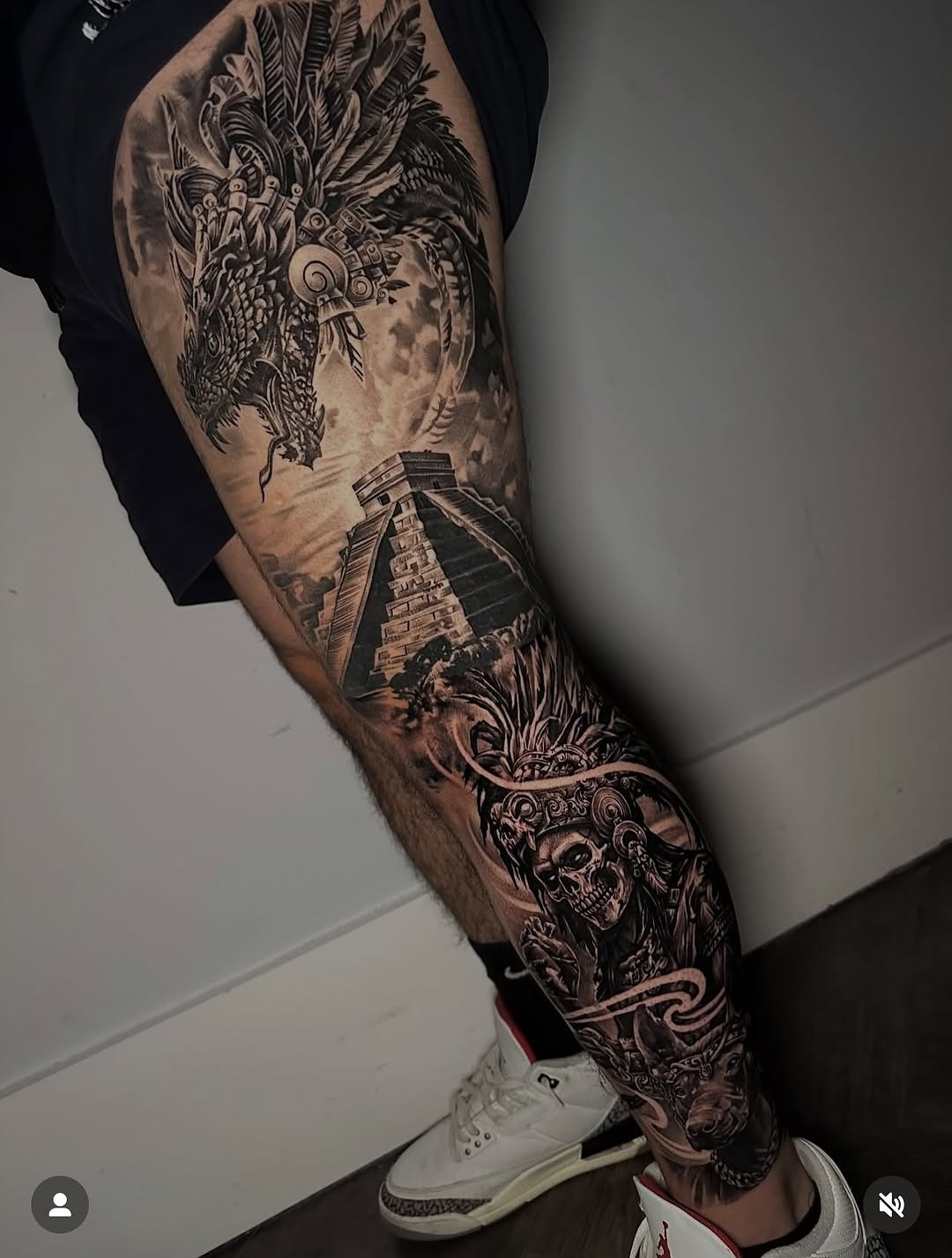 Intricate Aztec-themed full leg tattoo design Tattoo Design