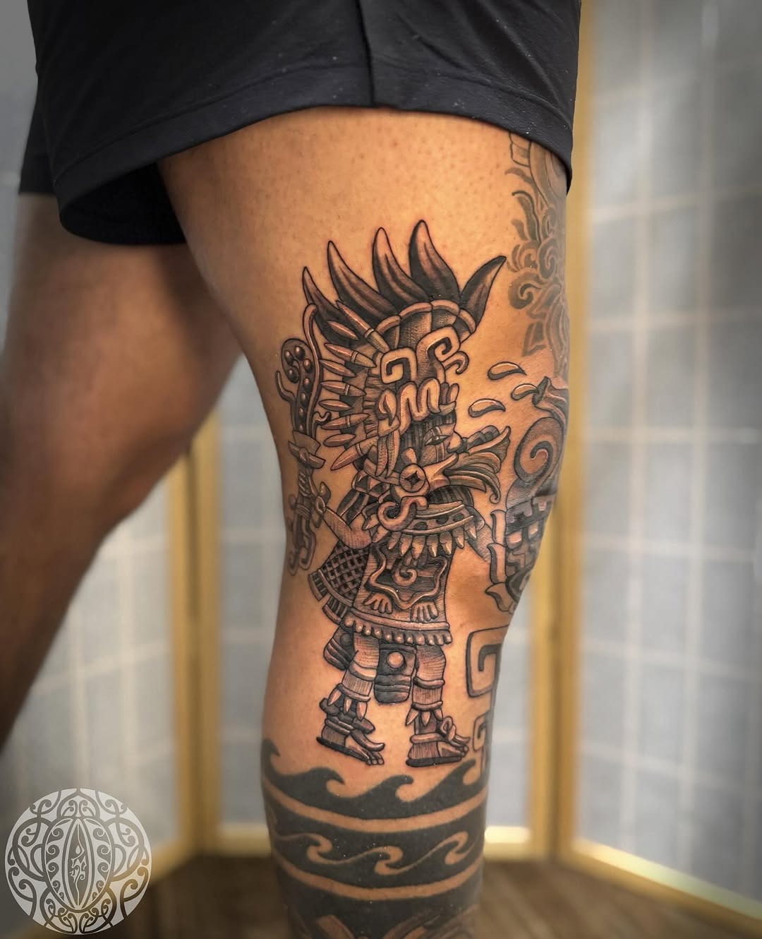 Stunning Aztec Warrior Tattoo on Leg Tattoo Design