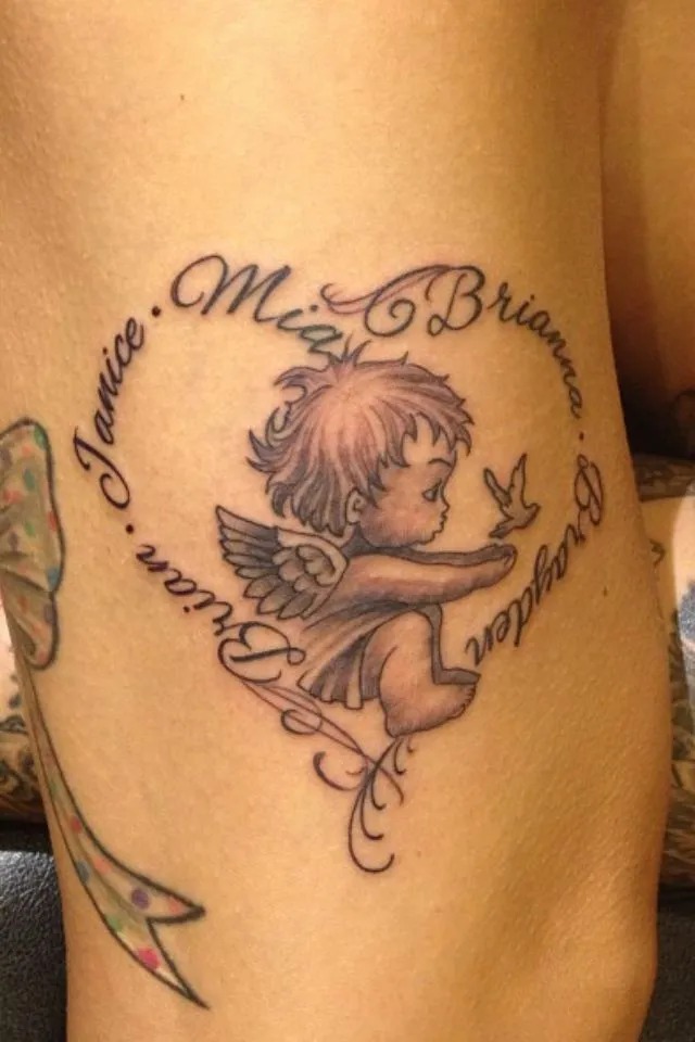 Playful Angel with Dove Tattoo Design