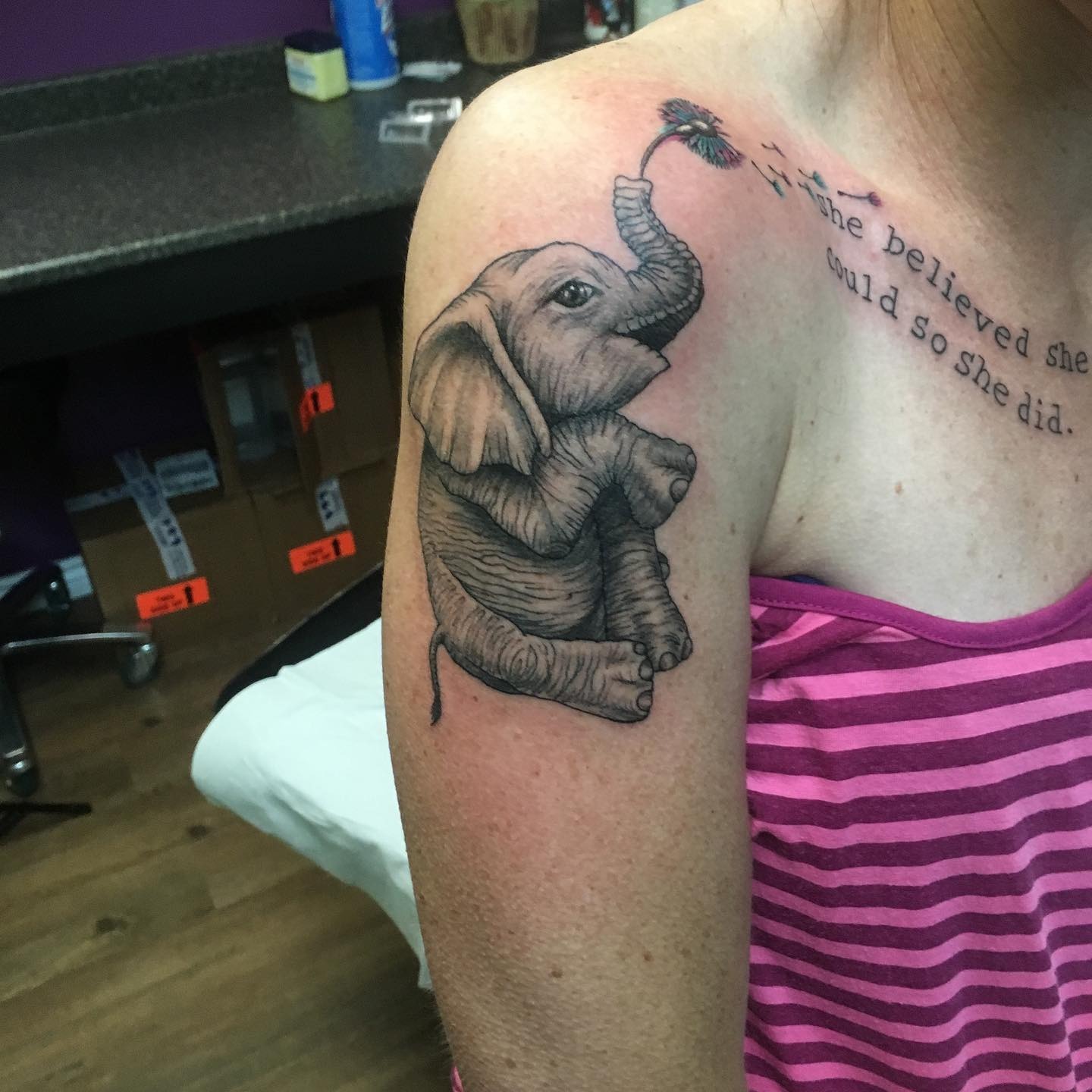 Baby Elephant With Dandelion Tattoo Tattoo Design