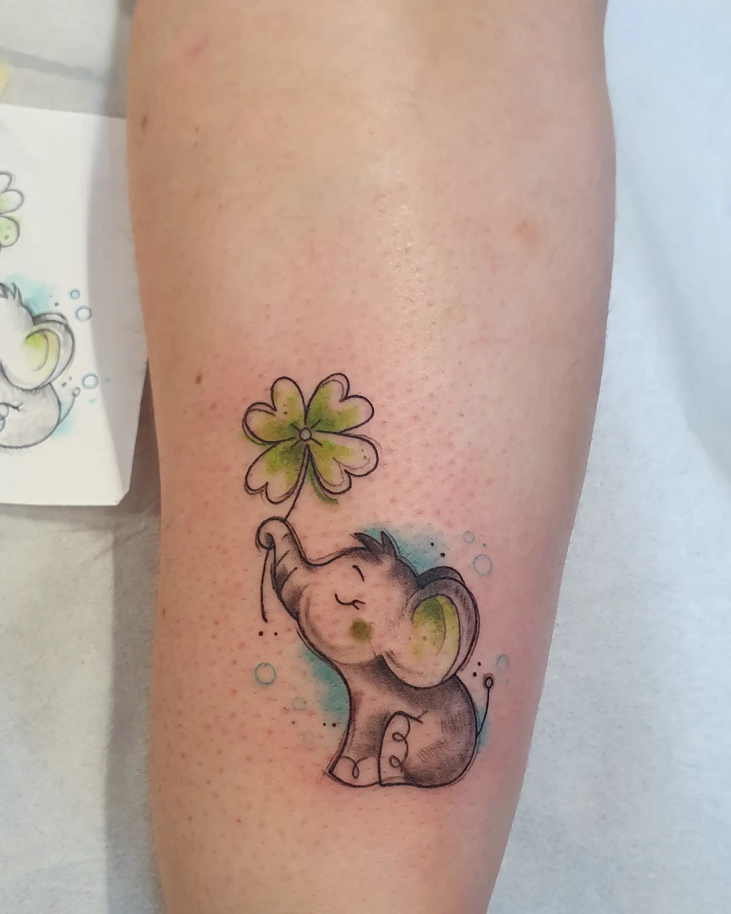 Baby Elephant With Four-Leaf Clover Tattoo Tattoo Design