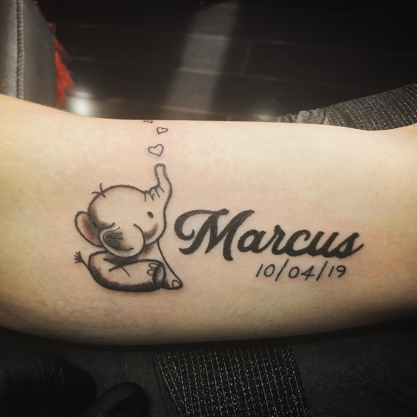 Baby Elephant With Name and Date Tattoo Tattoo Design