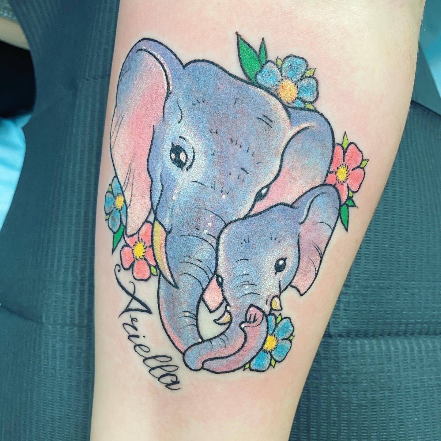 Mother and Baby Elephant Name Tattoo Tattoo Design