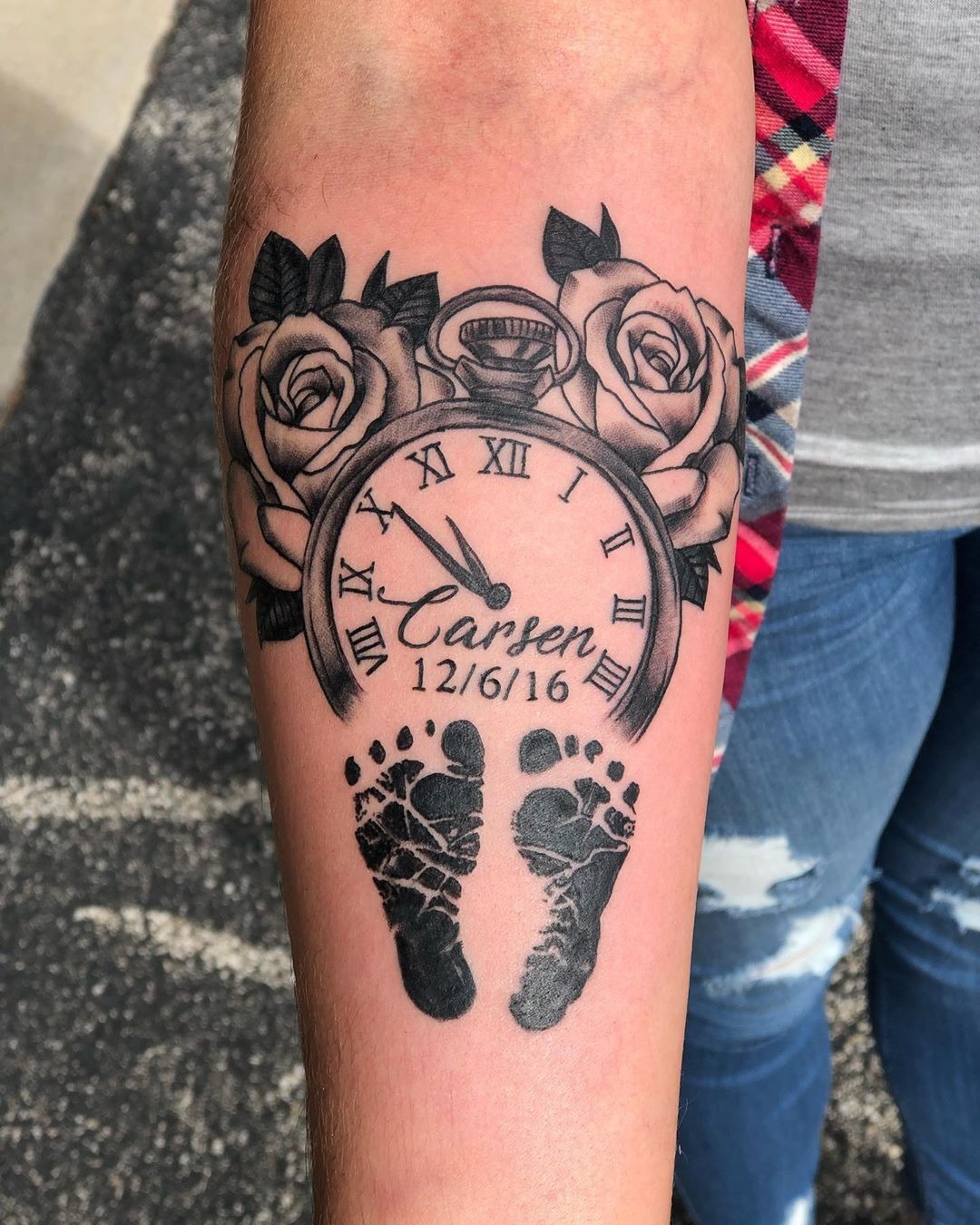 Baby Footprints And Pocket Watch Tattoo For Parents Tattoo Design