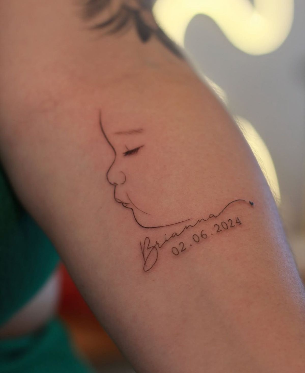 Fine Line Baby Face Tattoo With Date Tattoo Design