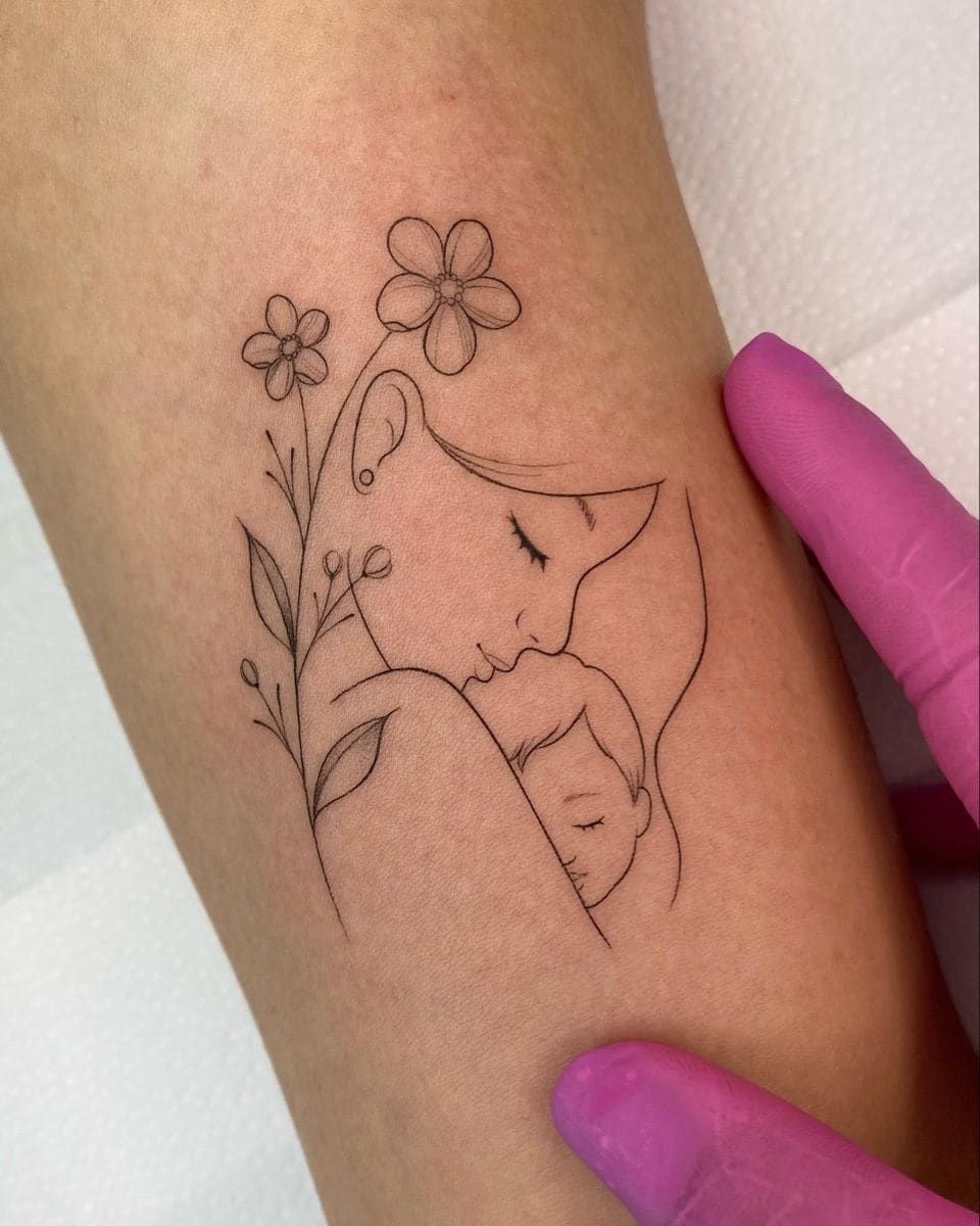 Floral Mother And Baby Line Art Tattoo Tattoo Design