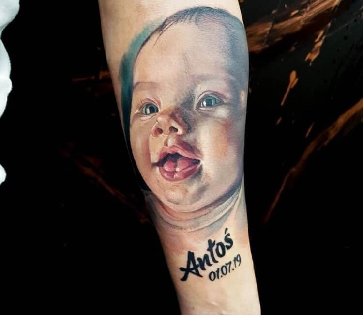 Full-Color Baby Portrait Tattoo With Name Tattoo Design