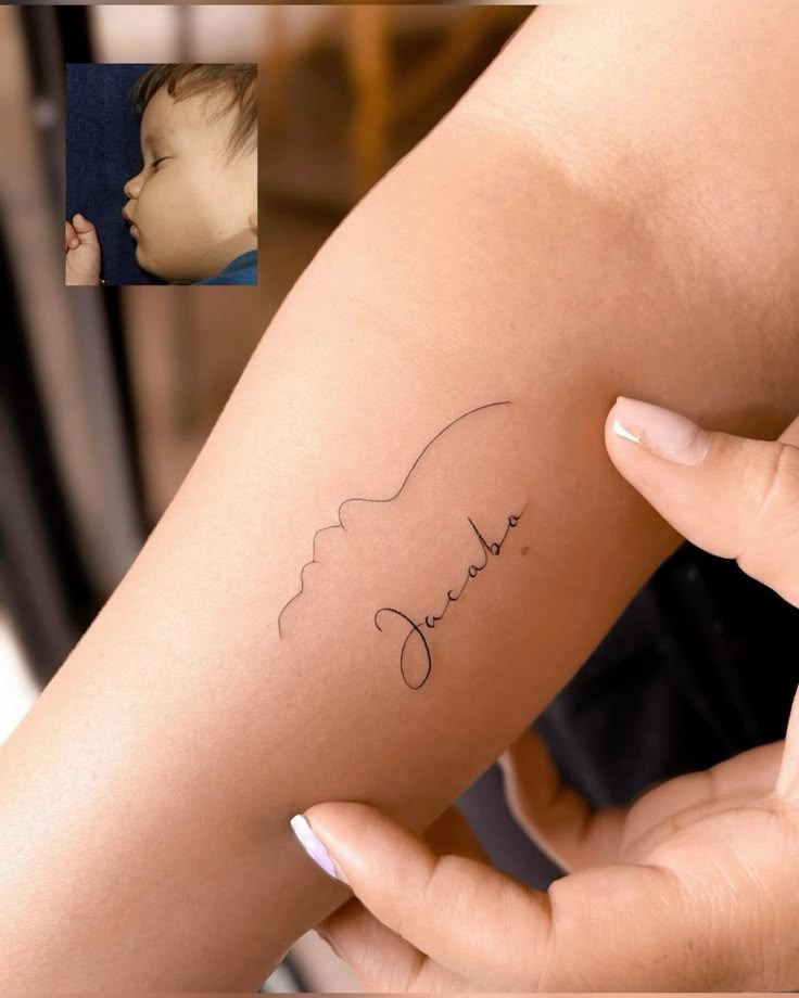Minimal Baby Profile Line Tattoo With Name Tattoo Design