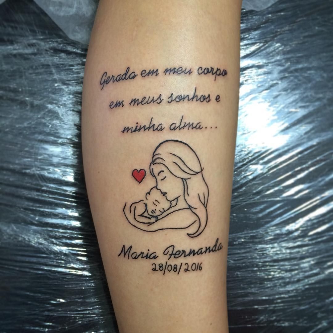 Mother And Baby Outline Tattoo With Quote Tattoo Design