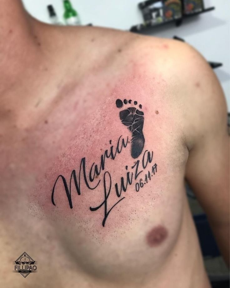 Script Name and Baby Footprint Over the Heart Tattoo Design