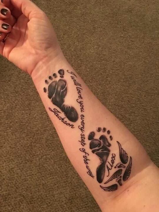 Twin Baby Footprints With Loving Quote Tattoo Design