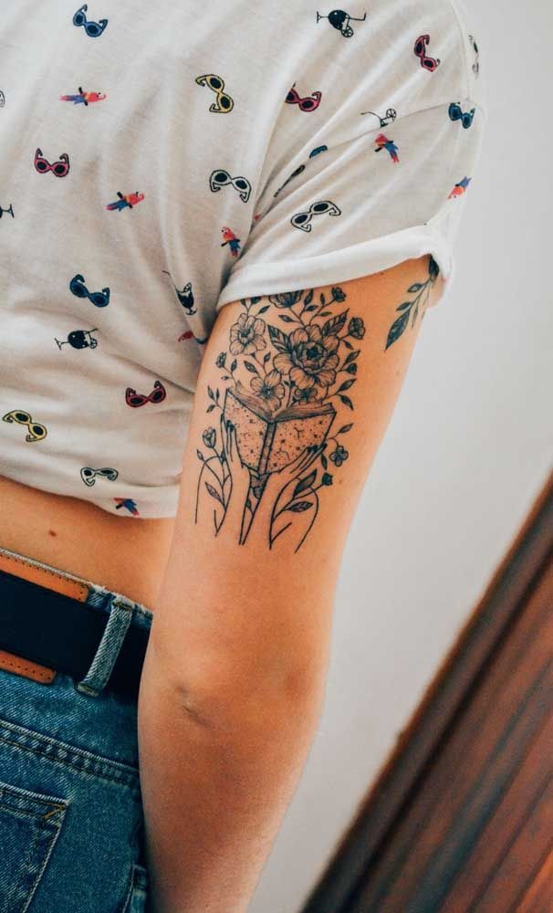 Floral Book Back of Arm Tattoo Tattoo Design