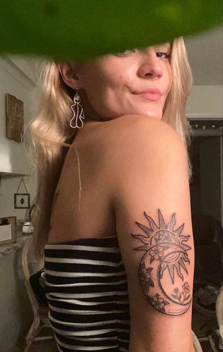 Sun and Moon Floral Back of Arm Tattoo Tattoo Design