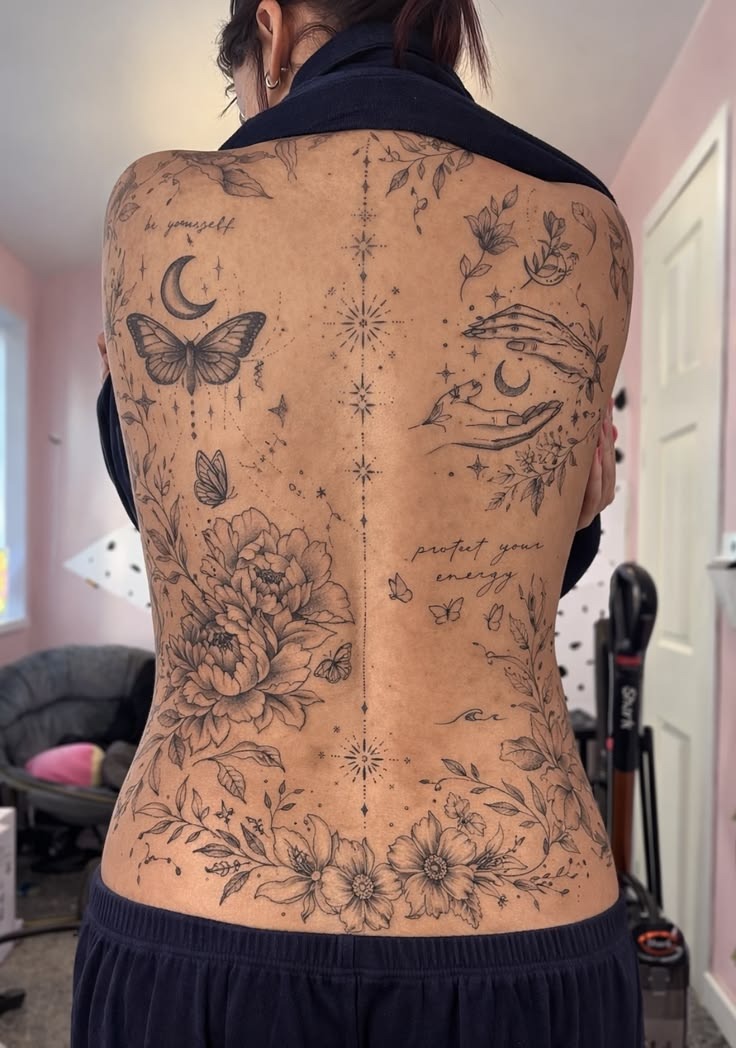 Celestial Floral Full Back Tattoo Tattoo Design