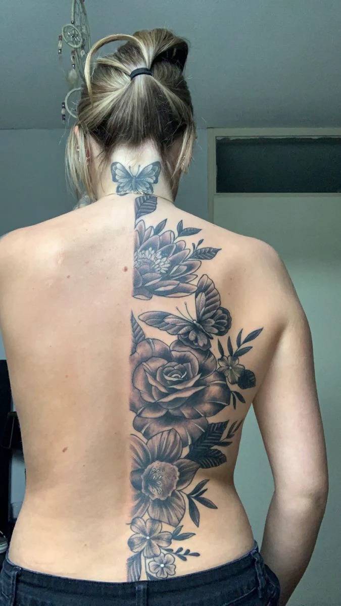 Floral Spine Back Tattoo With Butterfly Tattoo Design