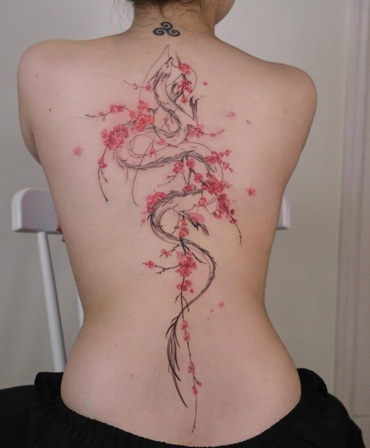 Japanese Koi And Cherry Blossom Spine Tattoo Tattoo Design