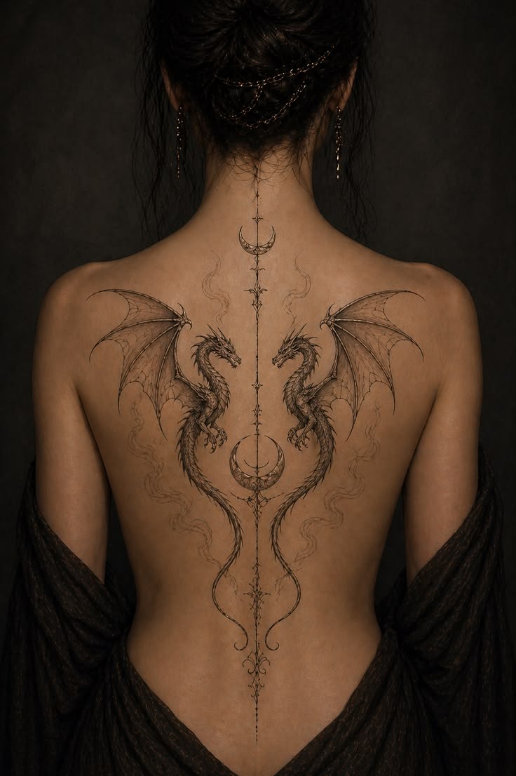 Moon And Dragon Symmetrical Back Tattoo Tattoo Design