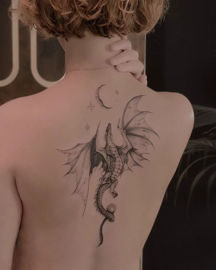 Small Dragon And Moon Upper Back Tattoo Tattoo Design