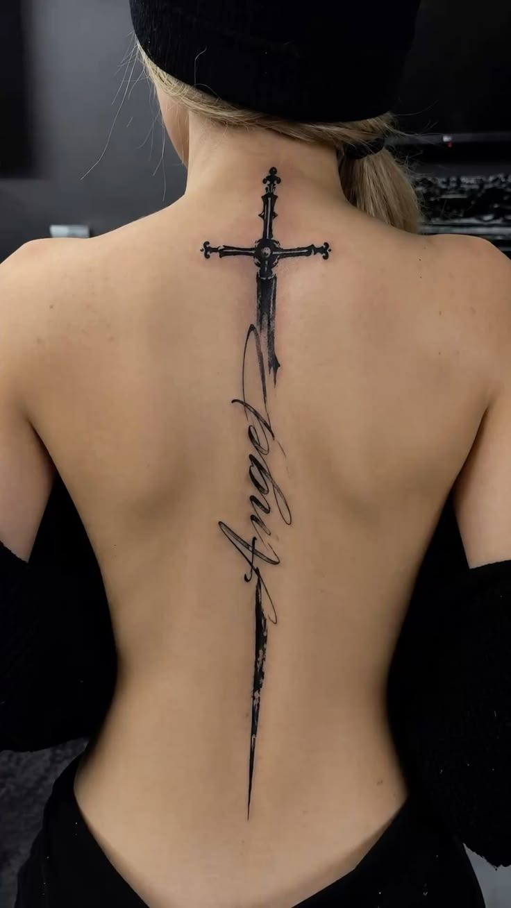 Sword And Script Spine Back Tattoo Tattoo Design