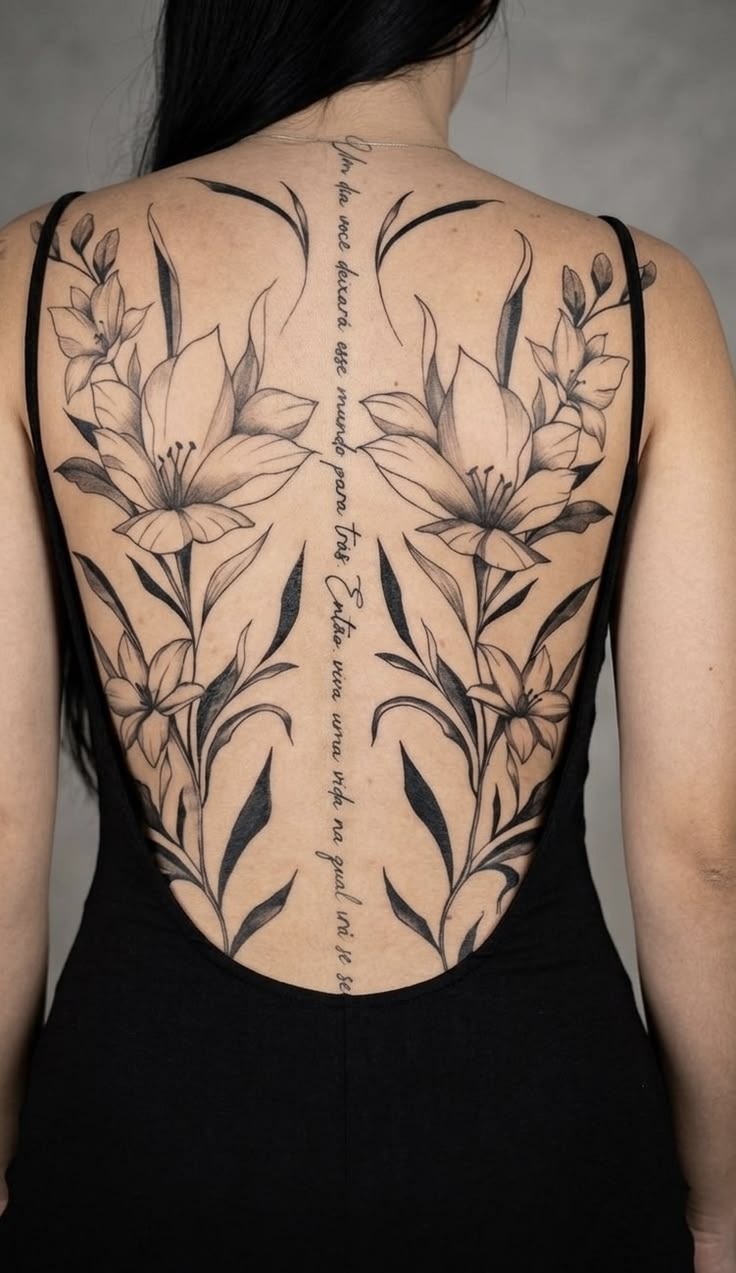 Symmetrical Lily Spine Back Tattoo Tattoo Design