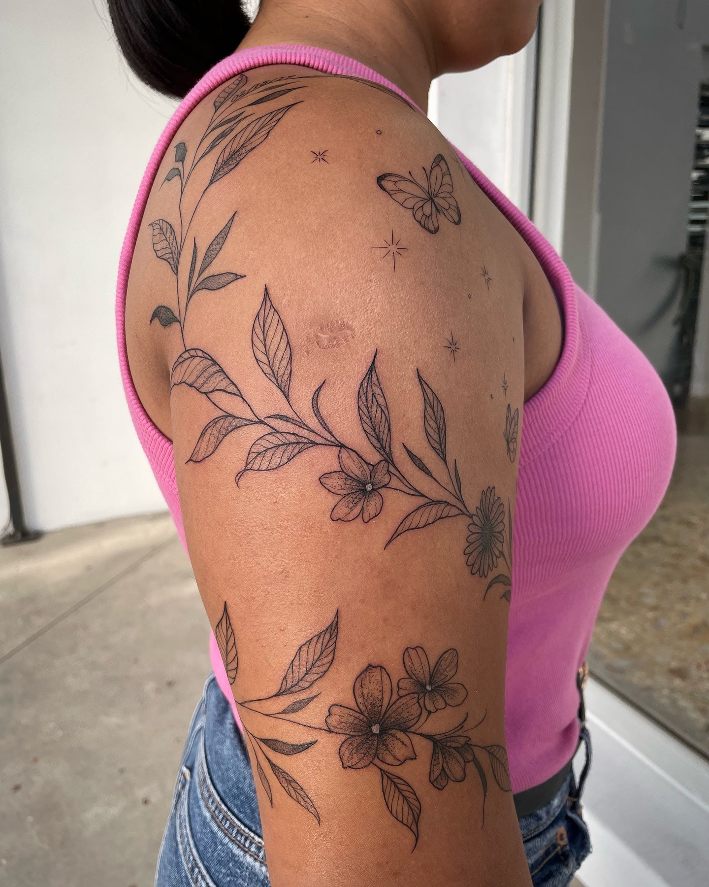 Floral and Butterfly Shoulder Arm Tattoo Tattoo Design