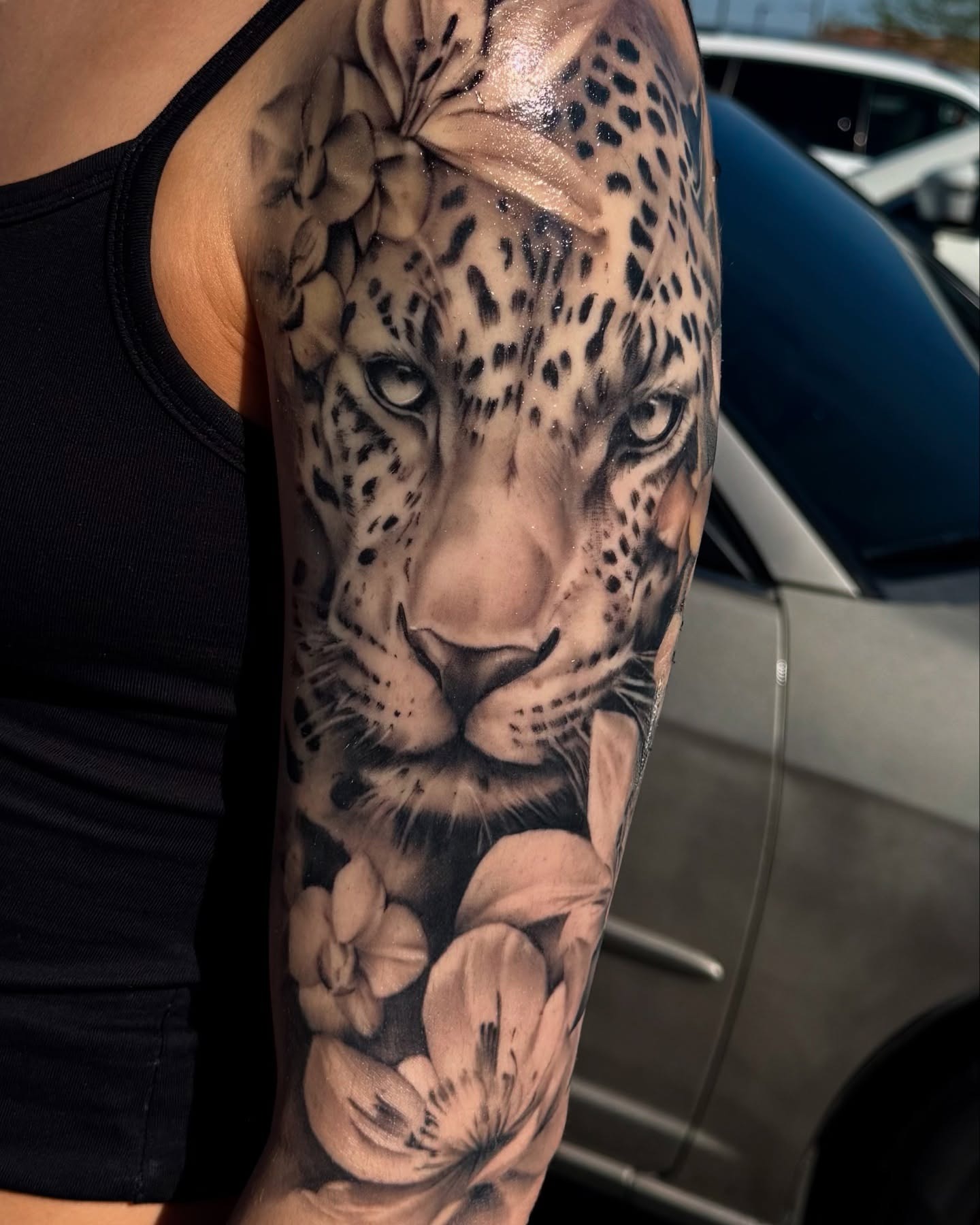 Leopard and Floral Sleeve Tattoo Tattoo Design