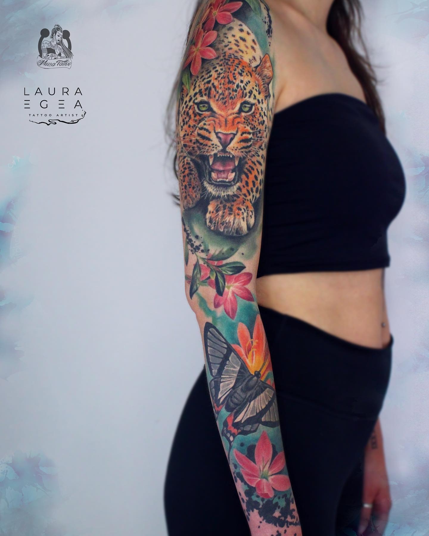 Leopard Butterfly Floral Sleeve Tattoo Tattoo Design