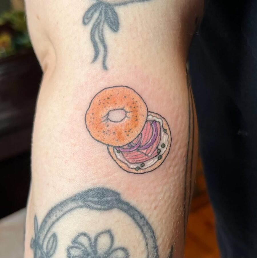 Cute bagel tattoo with salmon and cream cheese Tattoo Design