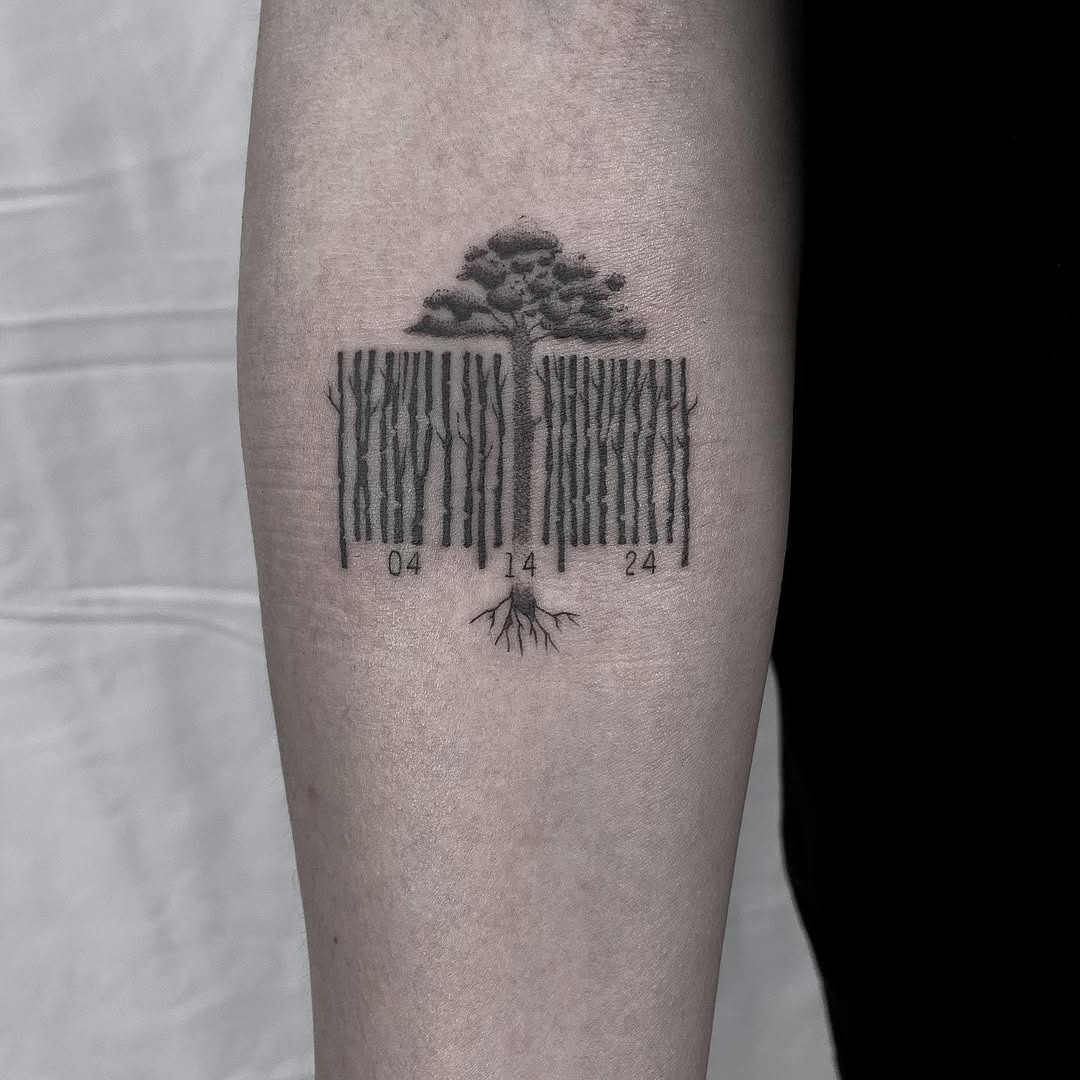 This barcode tattoo features a creative representation of trees styled within barcode lines.