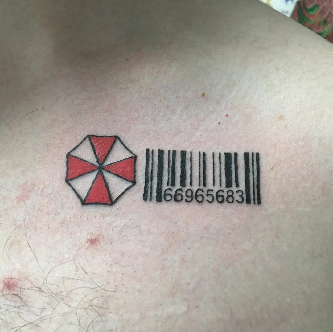 This tattoo combines a barcode with the Umbrella Corp logo from Resident Evil.