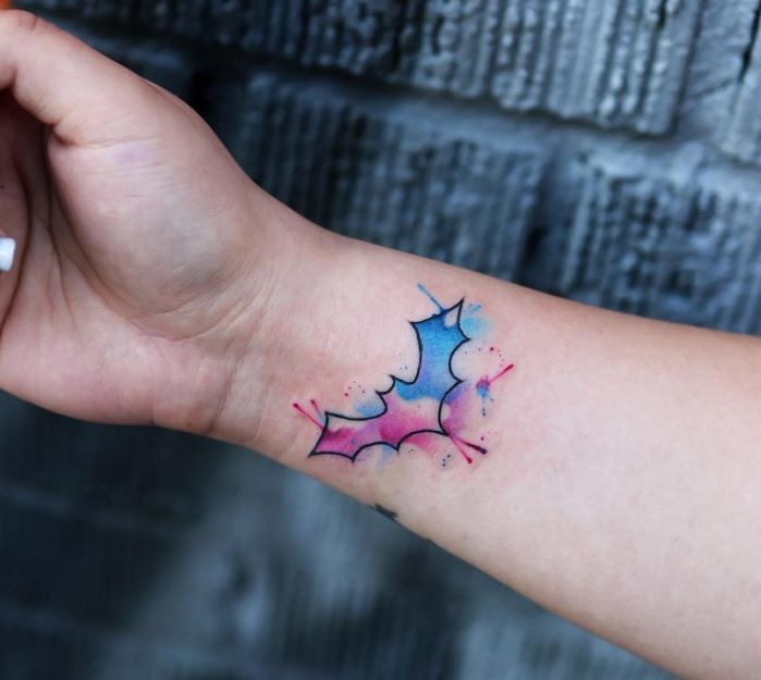 Pink and Blue Watercolored Outline Batman Tattoo Design Tattoo Design