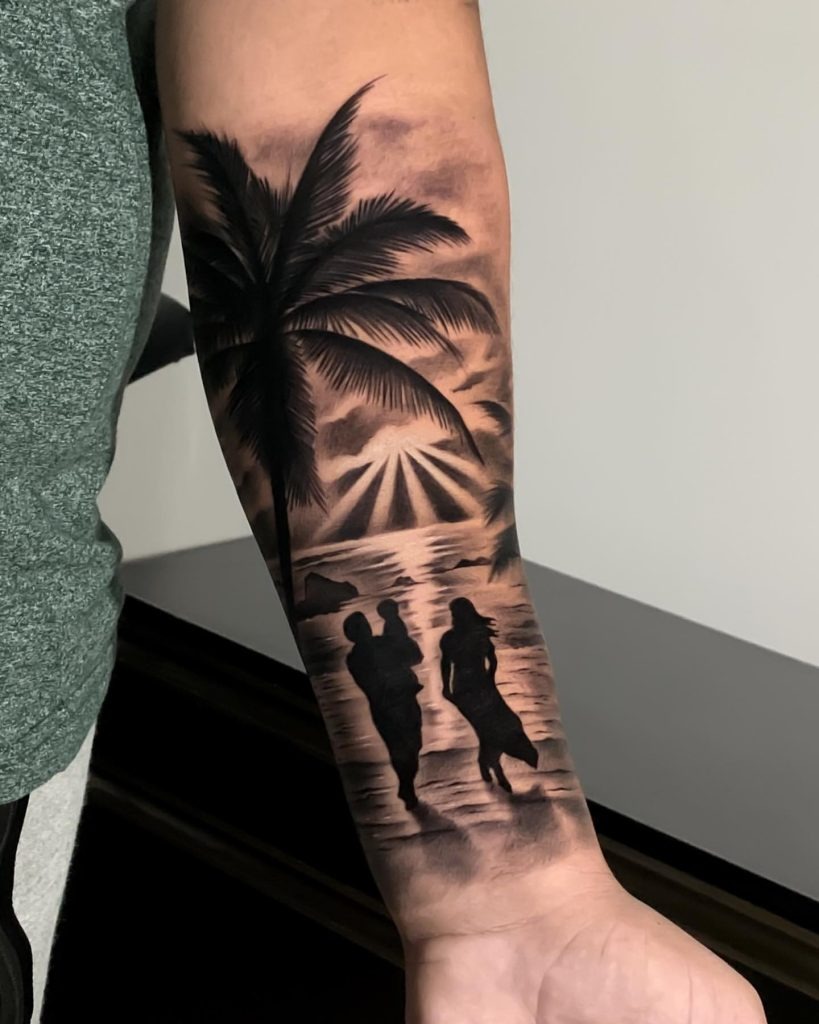 Giant Wave and Sunset Tattoo Design