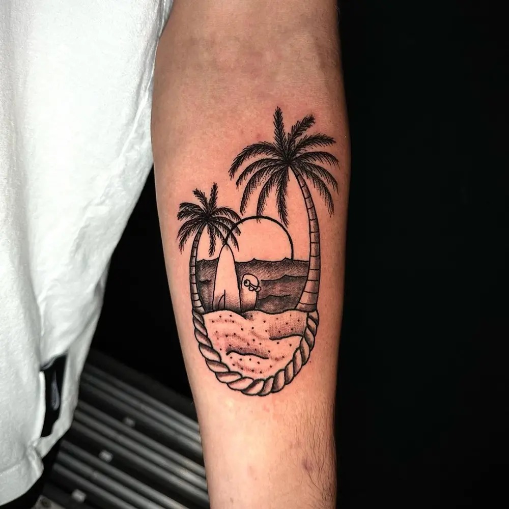 Minimalist Palm Tree and Surfboard Tattoo Design