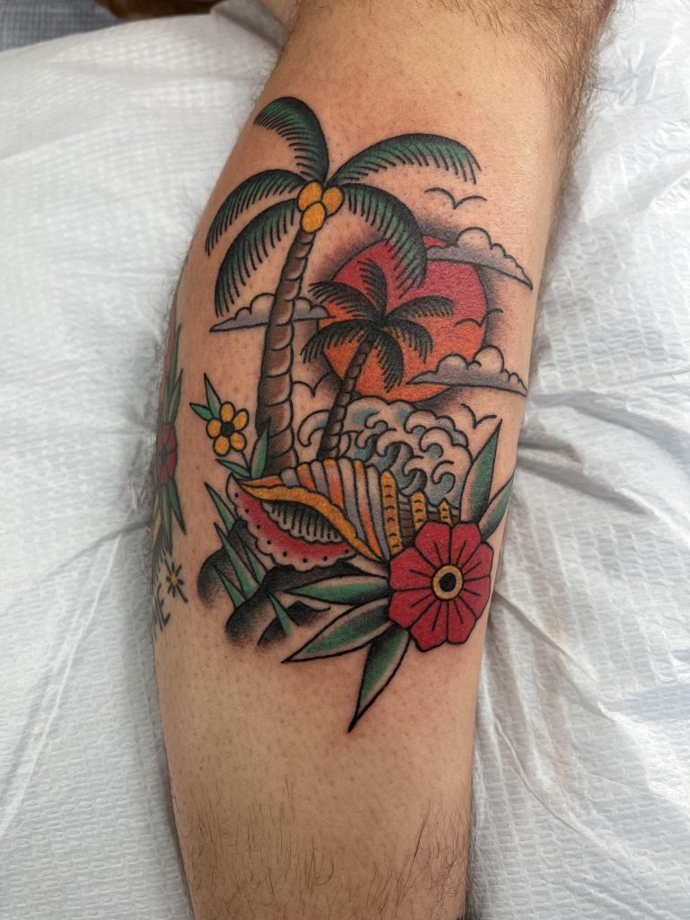 Palm Trees, Waves, and Sunset with Shells Tattoo Design