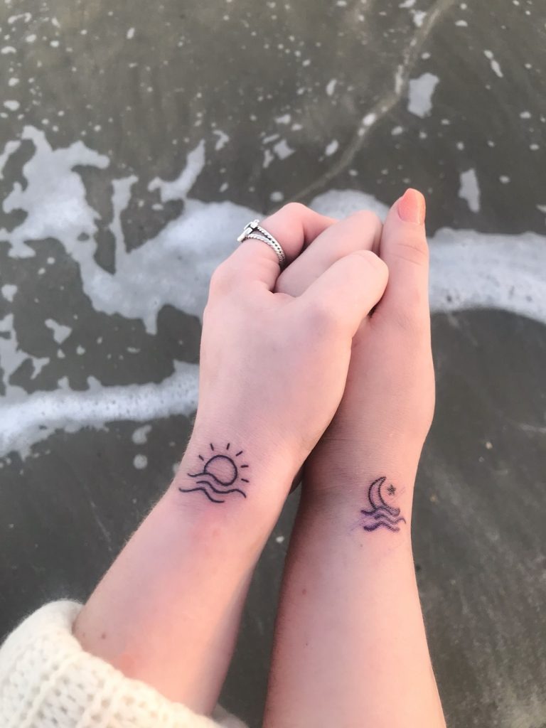 Seashell, Wave, and Palm Tree Scene Tattoo Design