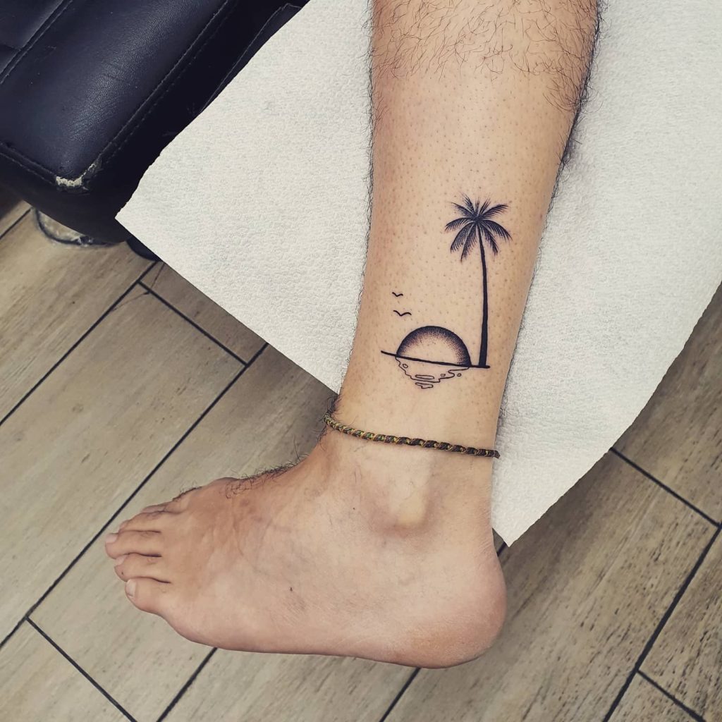 Seashell, Wave, and Palm Tree with Sun Tattoo Design