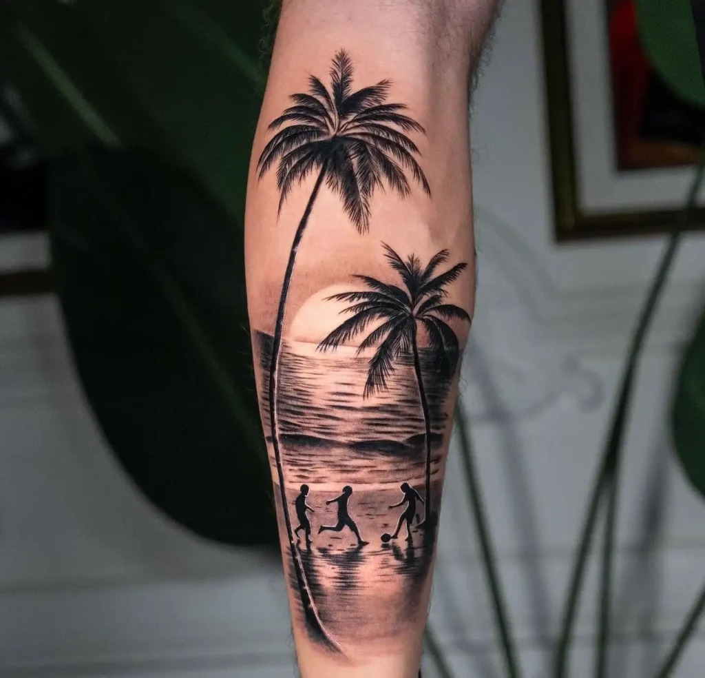 Silhouetted Sunset with Palm Trees Tattoo Design
