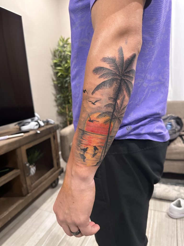 Skeleton Guitarist at Sunset in Shark Jaw Frame Tattoo Design