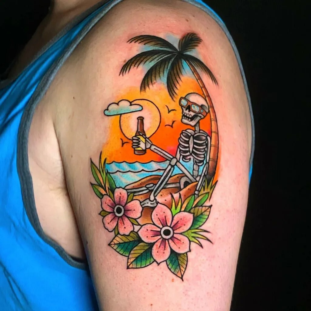Skeleton Relaxing Under a Palm Tree Tattoo Design