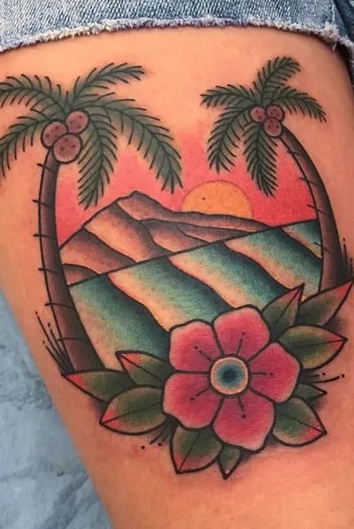 Tropical Sunset with Palm Trees and Flower Tattoo Design