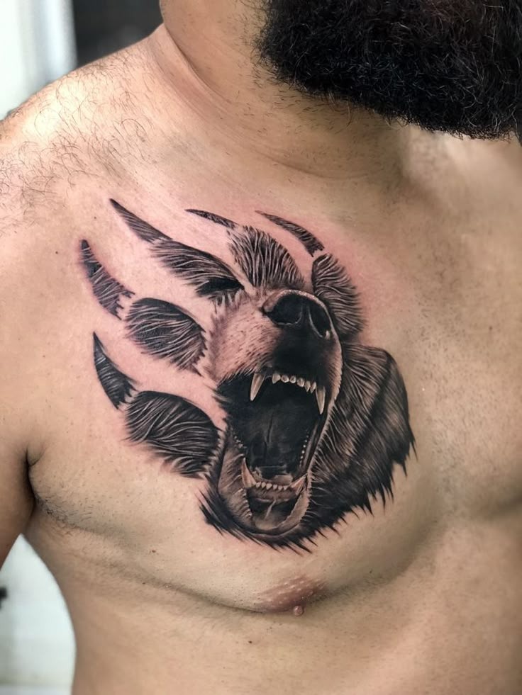Dynamic Chest Tear-Through Effect Tattoo Design