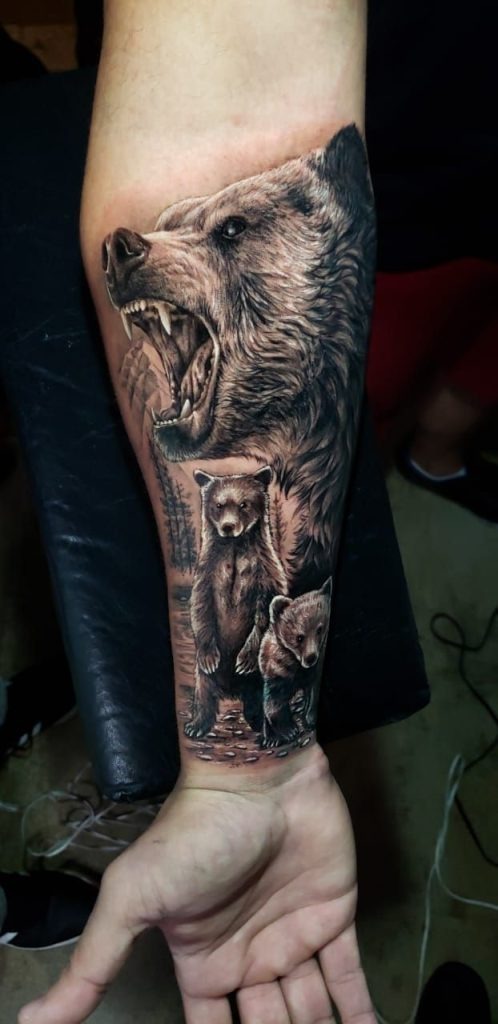 Roaring Mother Bear & Cubs Tattoo Design
