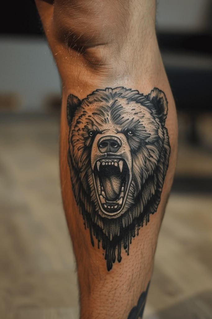 Roaring Realism on the Calf Tattoo Design