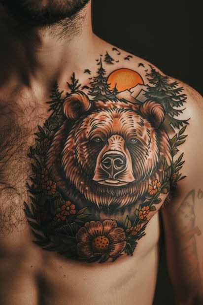 Sunset Forest Guardian on the Chest Tattoo Design