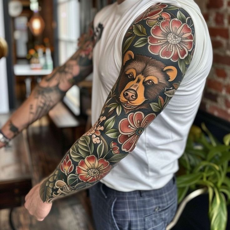 Vibrant Botanical Sleeve with Bear Portrait Tattoo Design