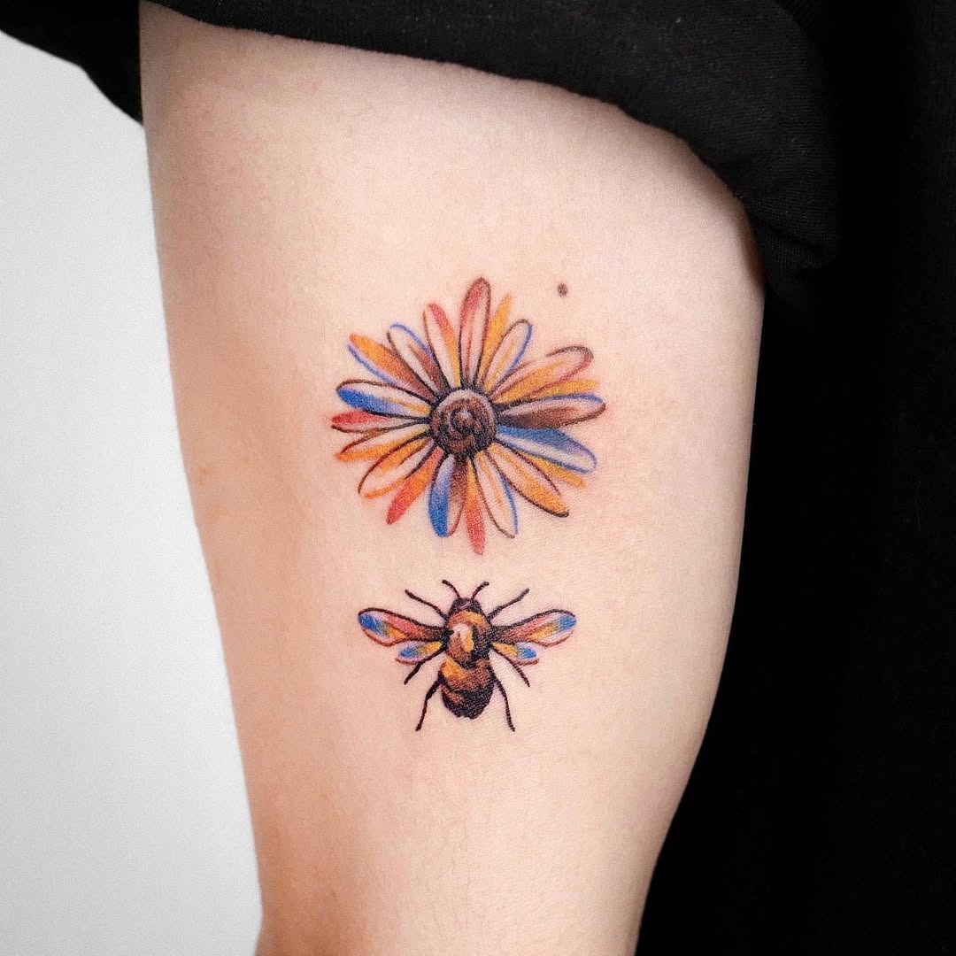 Charming Flower and Bee Tattoo Combo Tattoo Design
